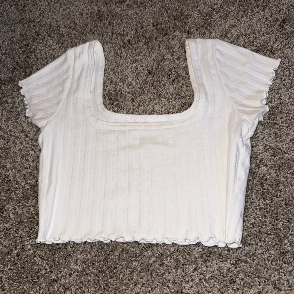Aerie White Ribbed Flutter Sleeve Crop Blouse